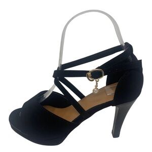Faux Suede Woman Pumps Black Open-toe Buckle Strap 5 US/35 EU